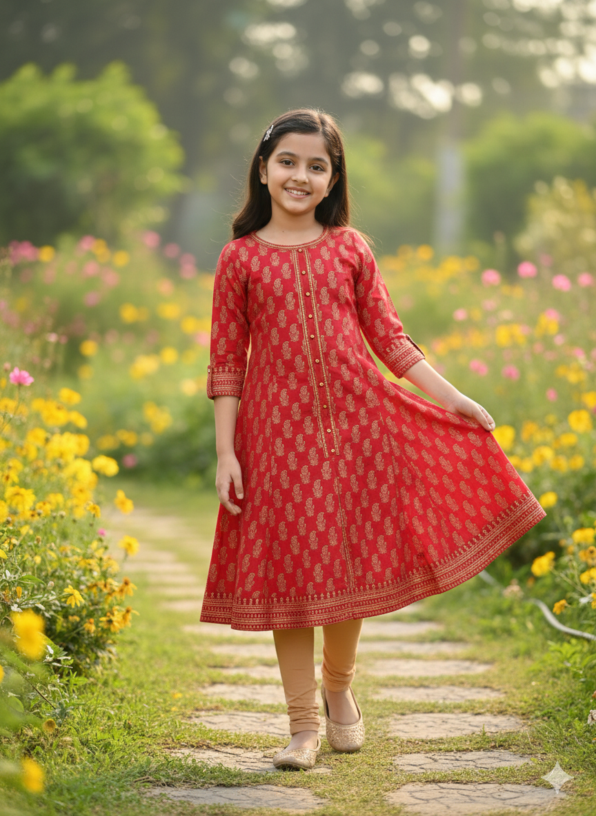 Yash Gallery Kids Cotton Gold Print Anarkali Dress (RED)