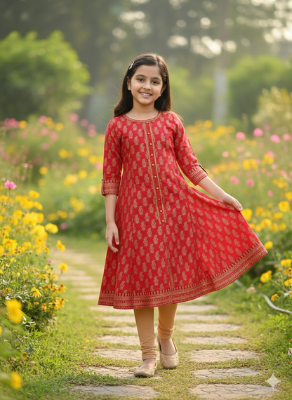 Yash Gallery Kids Cotton Gold Print Anarkali Dress (RED)