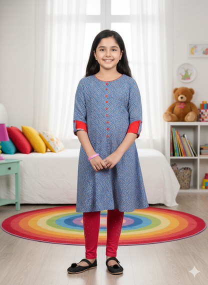 Yash Gallery Kids Rayon Geometric Print A-Line Kurta (Blue)