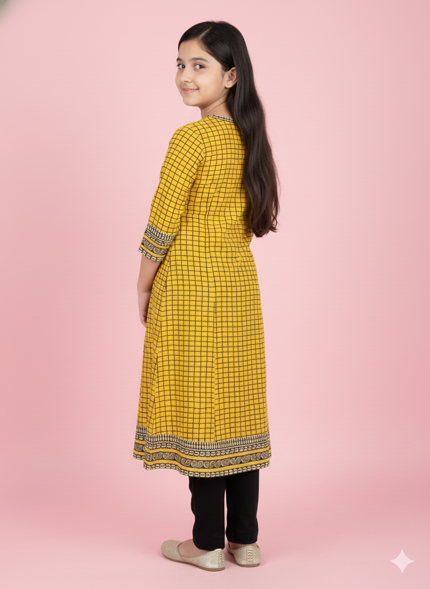 Yash Gallery Kids Cotton Slub Checks Print Anarkali Dress