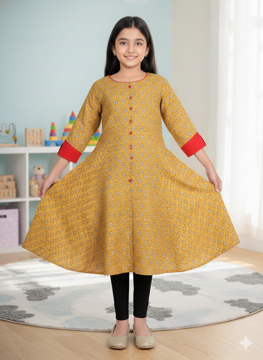 Yash Gallery Kids Cotton Floral Printed Anarkali Kurta (YELLOW)