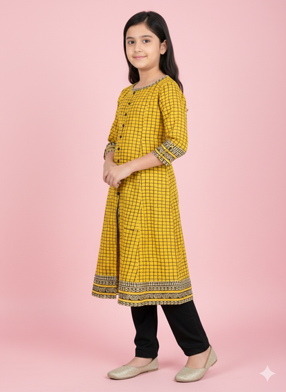 Yash Gallery Kids Cotton Slub Checks Print Anarkali Dress