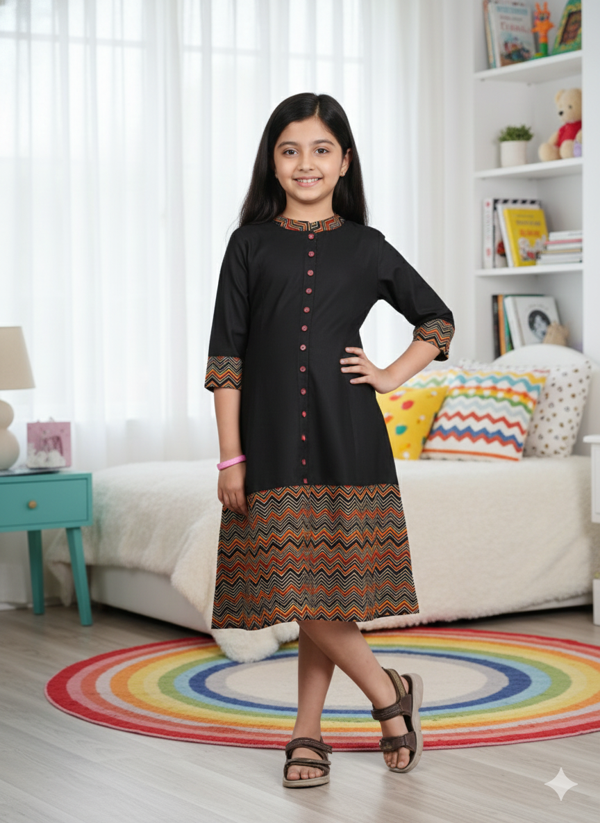 YASH GALLERY Kids Rayon & Cotton Zig-Zag Printed A-line Kurta (Black)