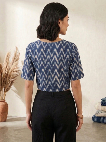 YASH GALLERY Women's Cotton Zig-Zag Printed Regular Blouse (Blue)