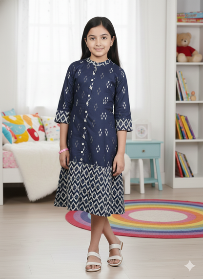 YASH GALLERY Kids Cotton Ikat Printed A-line Dress (Blue)