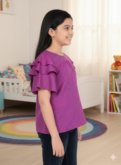 YASH GALLERY Kids Viscose Stripe Regular Top (Purple)