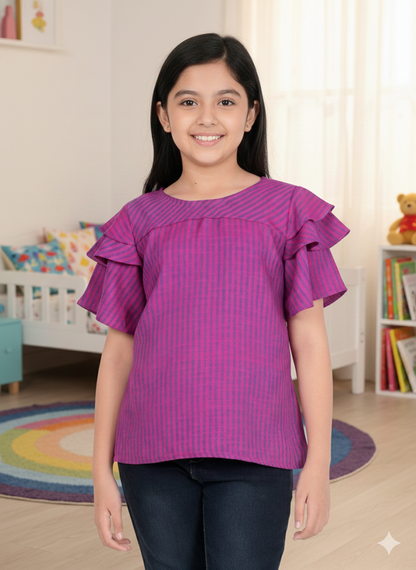 YASH GALLERY Kids Viscose Stripe Regular Top (Purple)