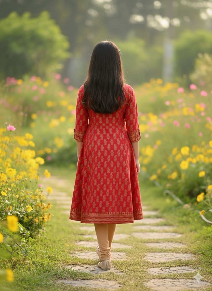 Yash Gallery Kids Cotton Gold Print Anarkali Dress (RED)