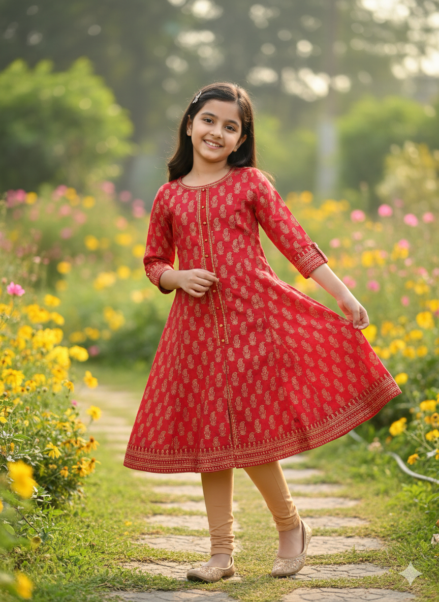 Yash Gallery Kids Cotton Gold Print Anarkali Dress (RED)