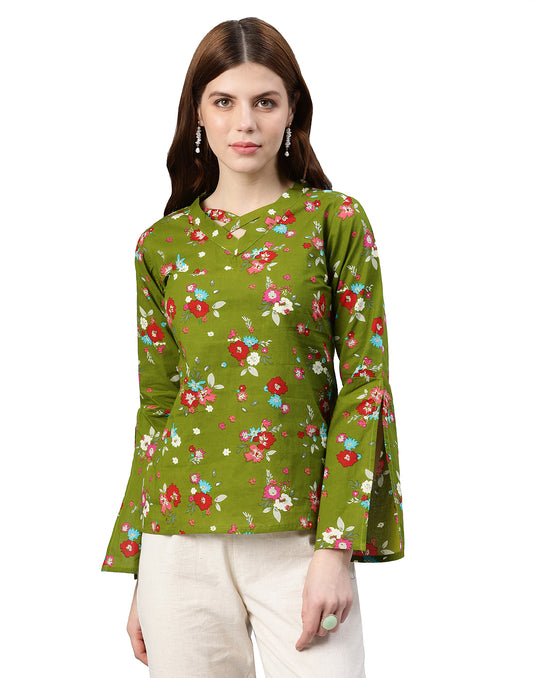 Yash Gallery Women's Cotton Floral Print Regular Top (Green)
