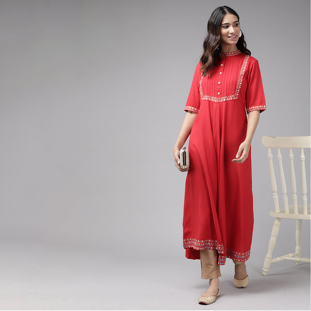 Rayon Pintucks Anarkali Kurta (Red)