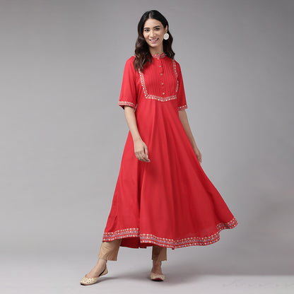 Rayon Pintucks Anarkali Kurta (Red)