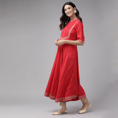 Rayon Pintucks Anarkali Kurta (Red)