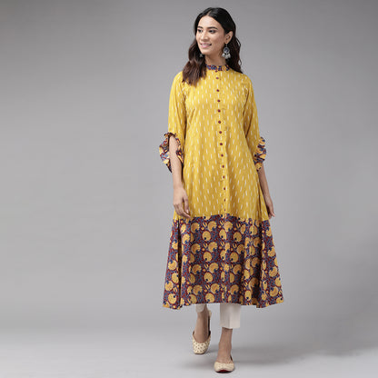 Cotton Ikat & Floral Printed Anarkali Kurta