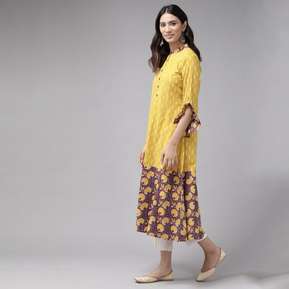 Cotton Ikat & Floral Printed Anarkali Kurta