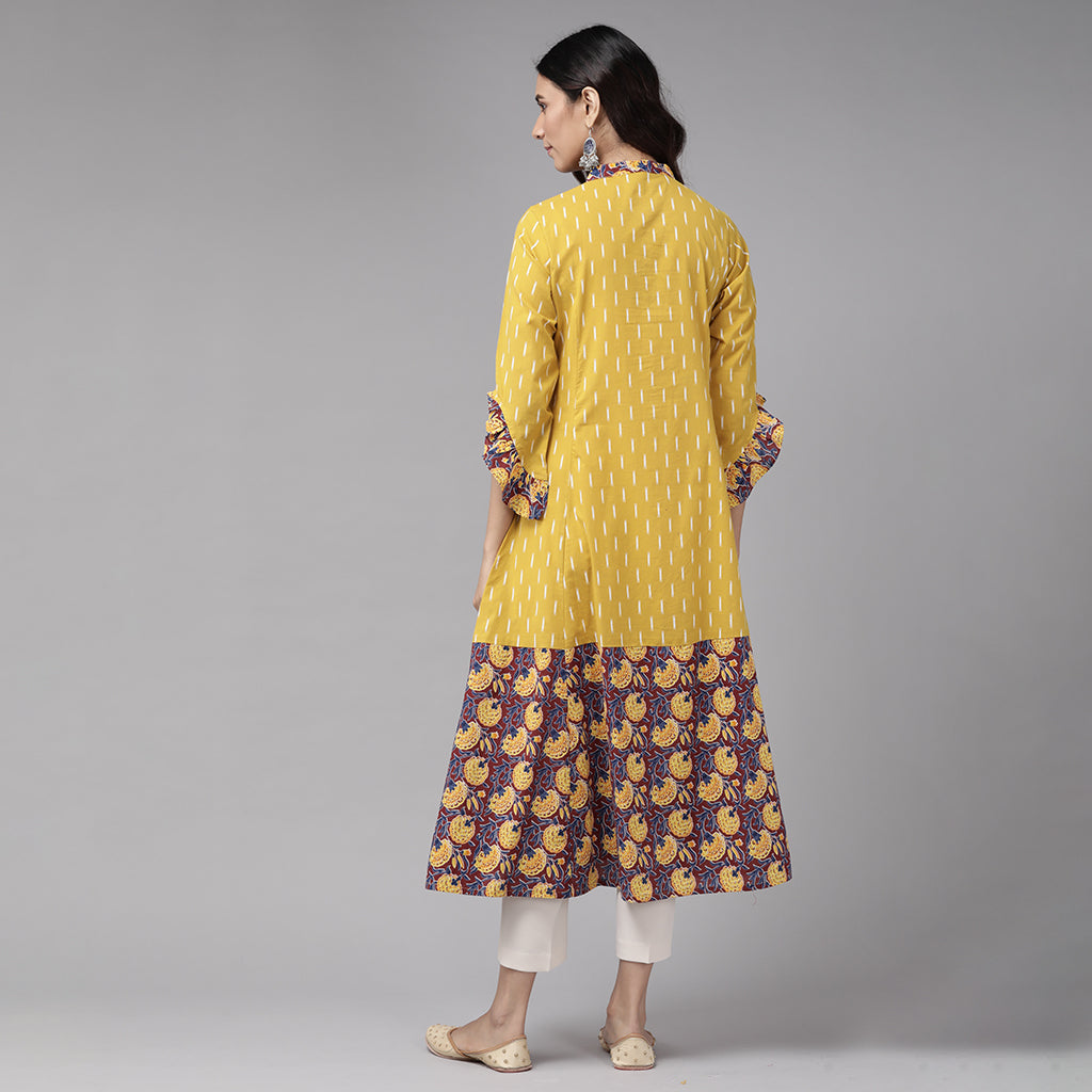 Cotton Ikat & Floral Printed Anarkali Kurta