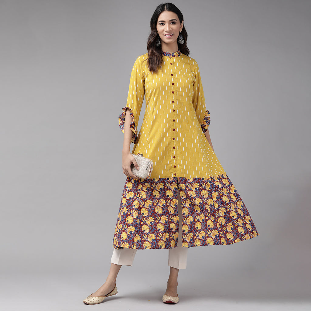 Cotton Ikat & Floral Printed Anarkali Kurta