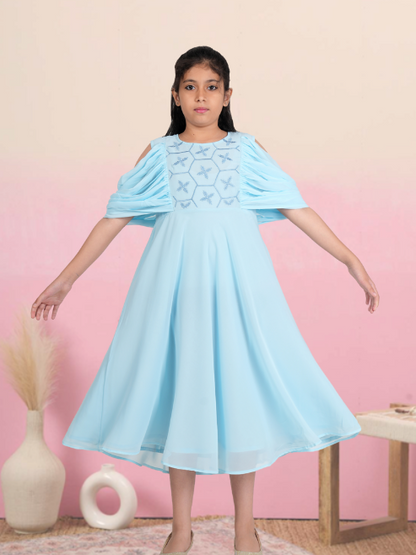 yash gallery kids georgette floral embroidered anarkali dress skyblue