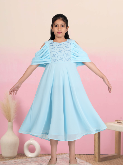 yash gallery kids georgette floral embroidered anarkali dress skyblue