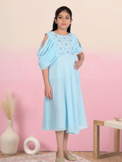 yash gallery kids georgette floral embroidered anarkali dress skyblue
