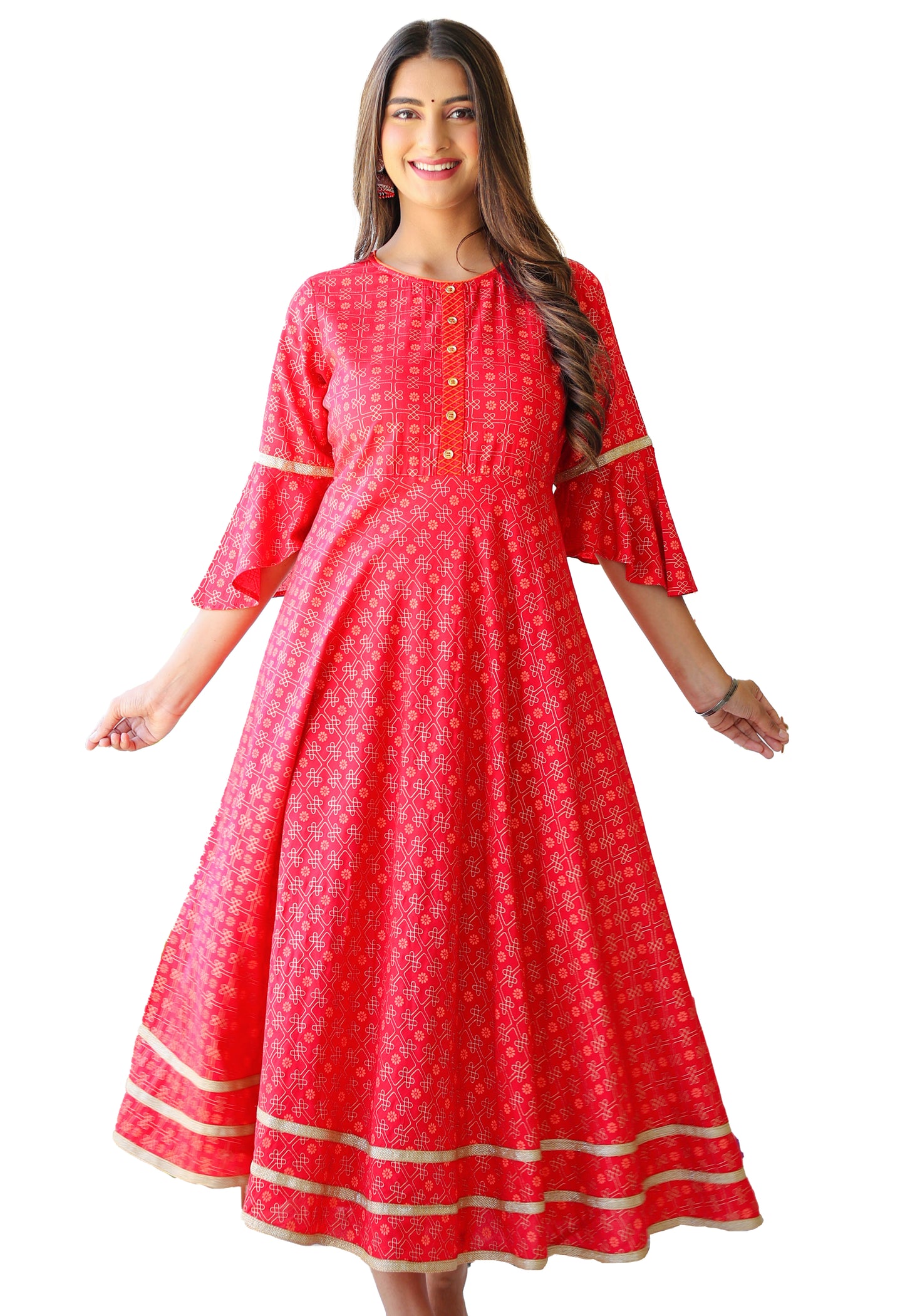 Yash Gallery Women's Floral Gold Printed Anarkali Kurti - Pink Rayon Long Kurta With Puff Sleeves