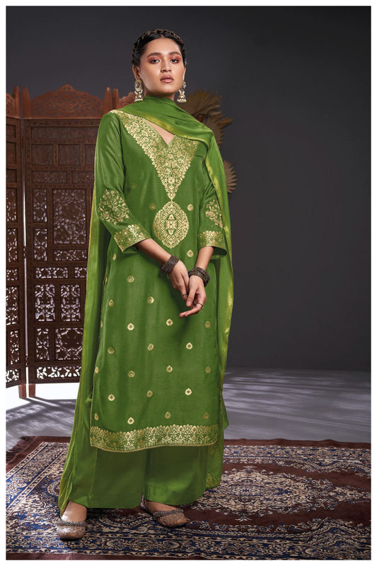 Yash Gallery Women's Floral Placement Brocade Embroidered Kurta with palazoo & Dupatta Set (Olive Green)