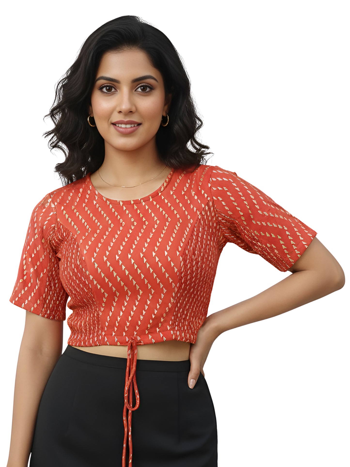 YASH GALLERY Women Rayon Staple Golden Printed Blouse with Bobbin Elastic & Adjustable Front Dori