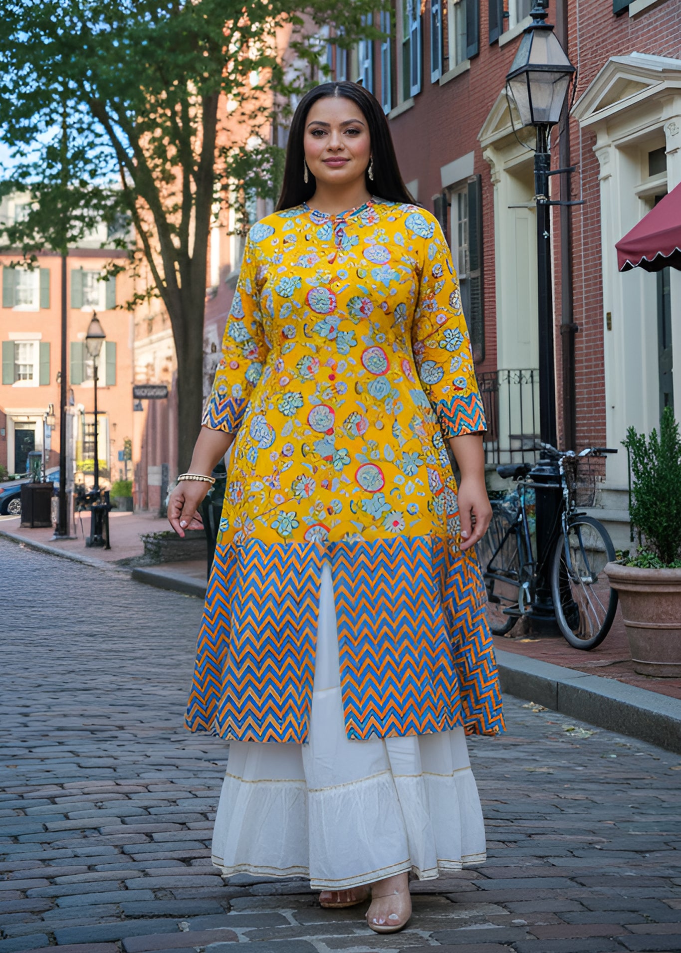 Yash Gallery Women's Rayon Plus Size Floral Printed A-line Kurti (Yellow)