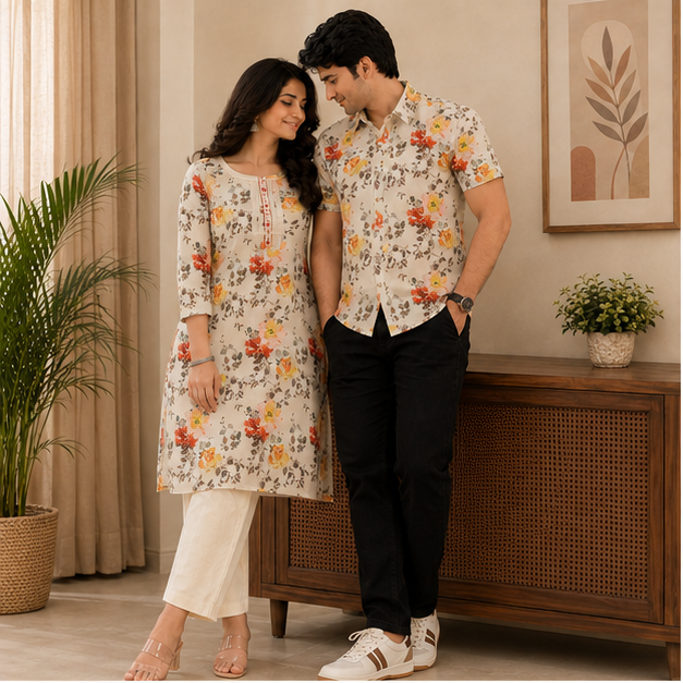 Yash Gallery Matching Couple Outfit for Men & Women | Men's Printed Short Sleeve Regular Fit Shirt & Women's Printed Straight Kurta with Pant Set | Coordinated Couple Wear