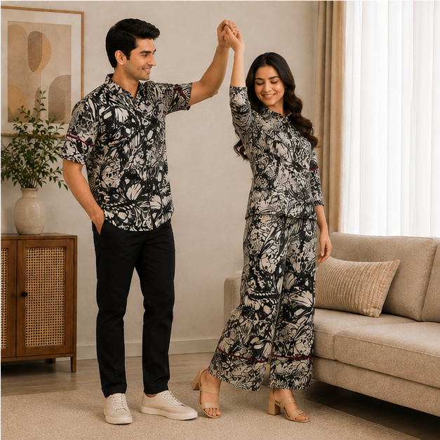 Yash Gallery Matching Couple Outfit for Men & Women | Men's Printed Short Sleeve Regular Fit Shirt & Women's Printed Straight Kurta with Pant Set | Coordinated Couple Wear