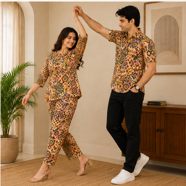 Yash Gallery Matching Couple Outfit for Men & Women | Men's Printed Short Sleeve Regular Fit Shirt & Women's Printed Straight Kurta with Pant Set | Coordinated Couple Wear