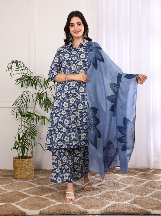 Yash Gallery Women's Printed Cotton Calf Length Mandarin Collar 3/4TH Sleeve Straight Kurta Pant And Duptta