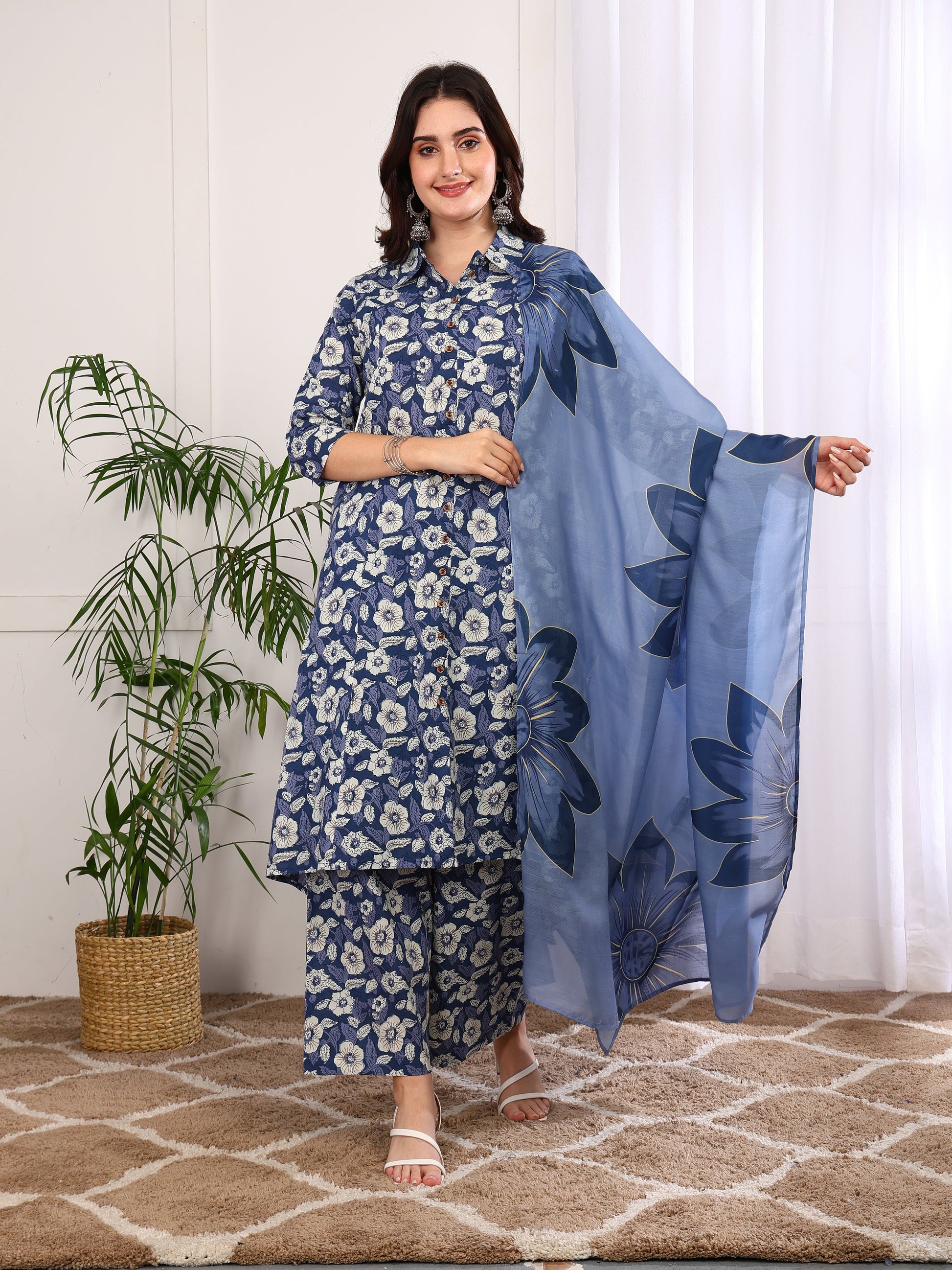 Yash Gallery Women's Printed Cotton Calf Length Mandarin Collar 3/4TH Sleeve Straight Kurta Pant And Duptta