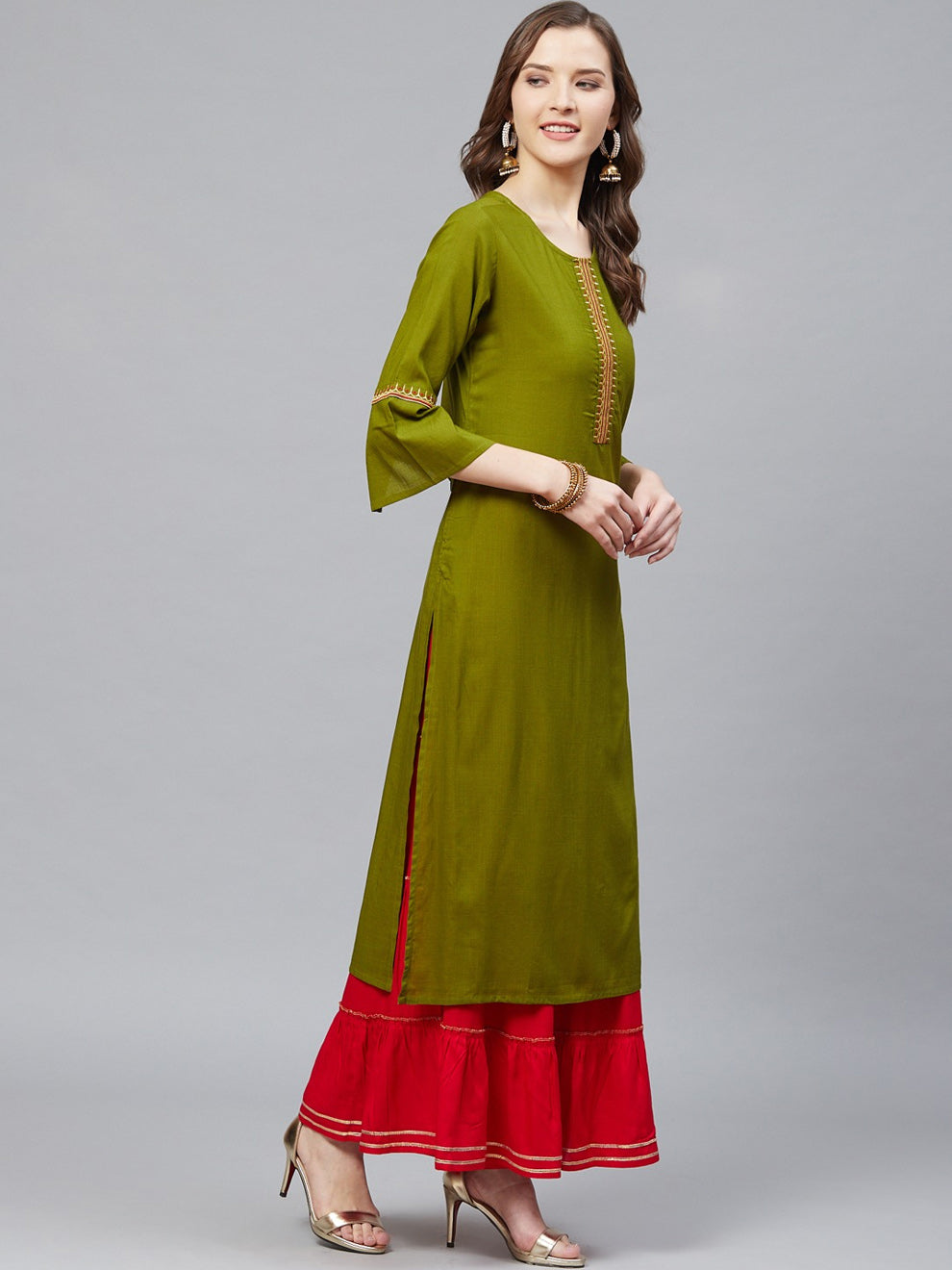 women rayon slub straight kurta sharara set