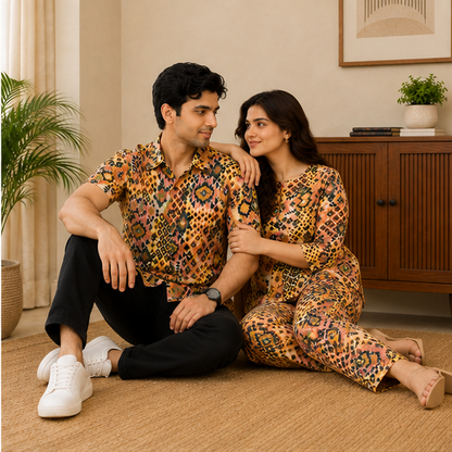 Yash Gallery Matching Couple Outfit for Men & Women | Men's Printed Short Sleeve Regular Fit Shirt & Women's Printed Straight Kurta with Pant Set | Coordinated Couple Wear