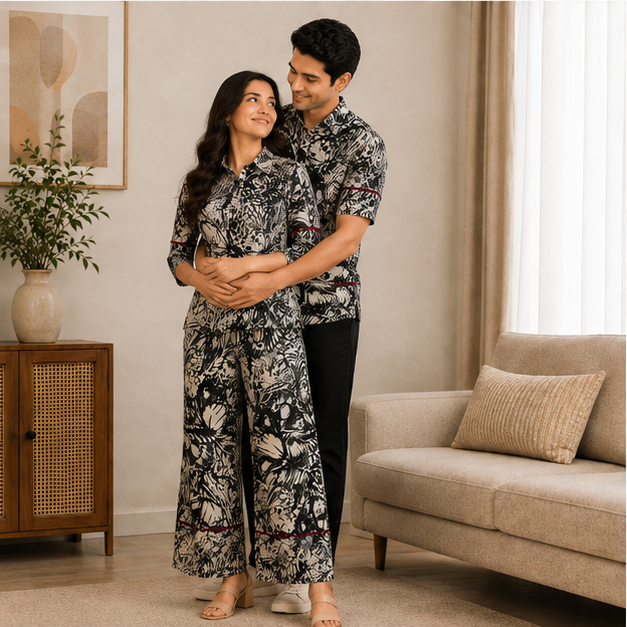 Yash Gallery Matching Couple Outfit for Men & Women | Men's Printed Short Sleeve Regular Fit Shirt & Women's Printed Straight Kurta with Pant Set | Coordinated Couple Wear