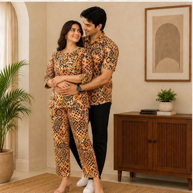 Yash Gallery Matching Couple Outfit for Men & Women | Men's Printed Short Sleeve Regular Fit Shirt & Women's Printed Straight Kurta with Pant Set | Coordinated Couple Wear