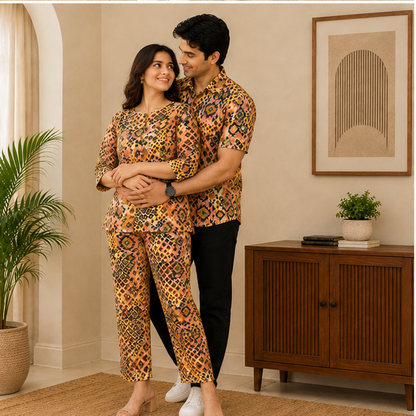 Yash Gallery Matching Couple Outfit for Men & Women | Men's Printed Short Sleeve Regular Fit Shirt & Women's Printed Straight Kurta with Pant Set | Coordinated Couple Wear