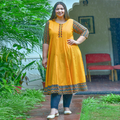 women cotton geometric print anarkali kurta mustard