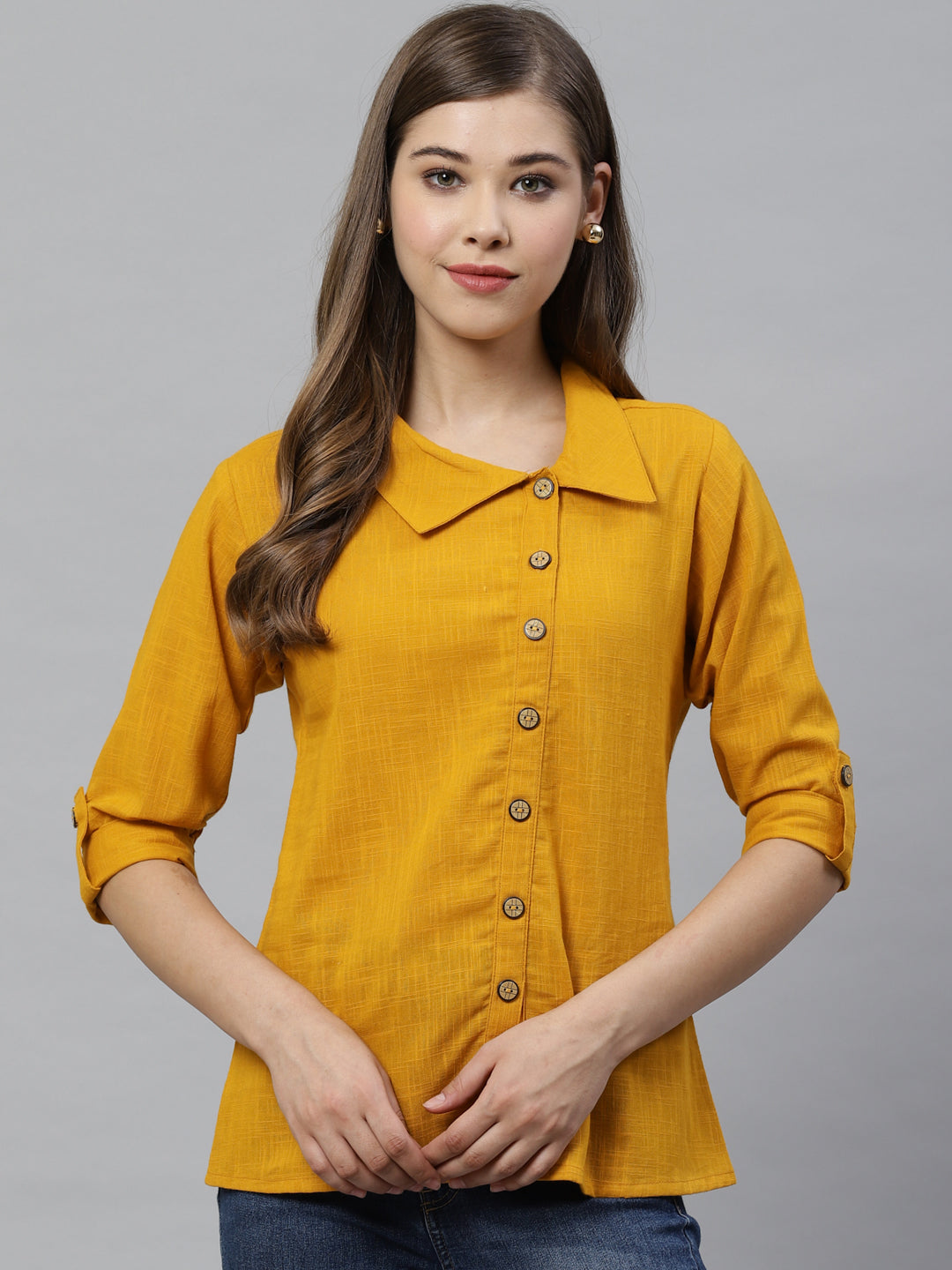  Cotton Slub Solid Shirt Style Top (Yellow)