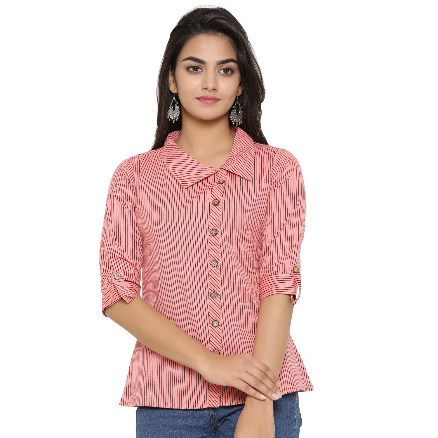  Cotton Slub Printed Shirt Style Top (Pink)