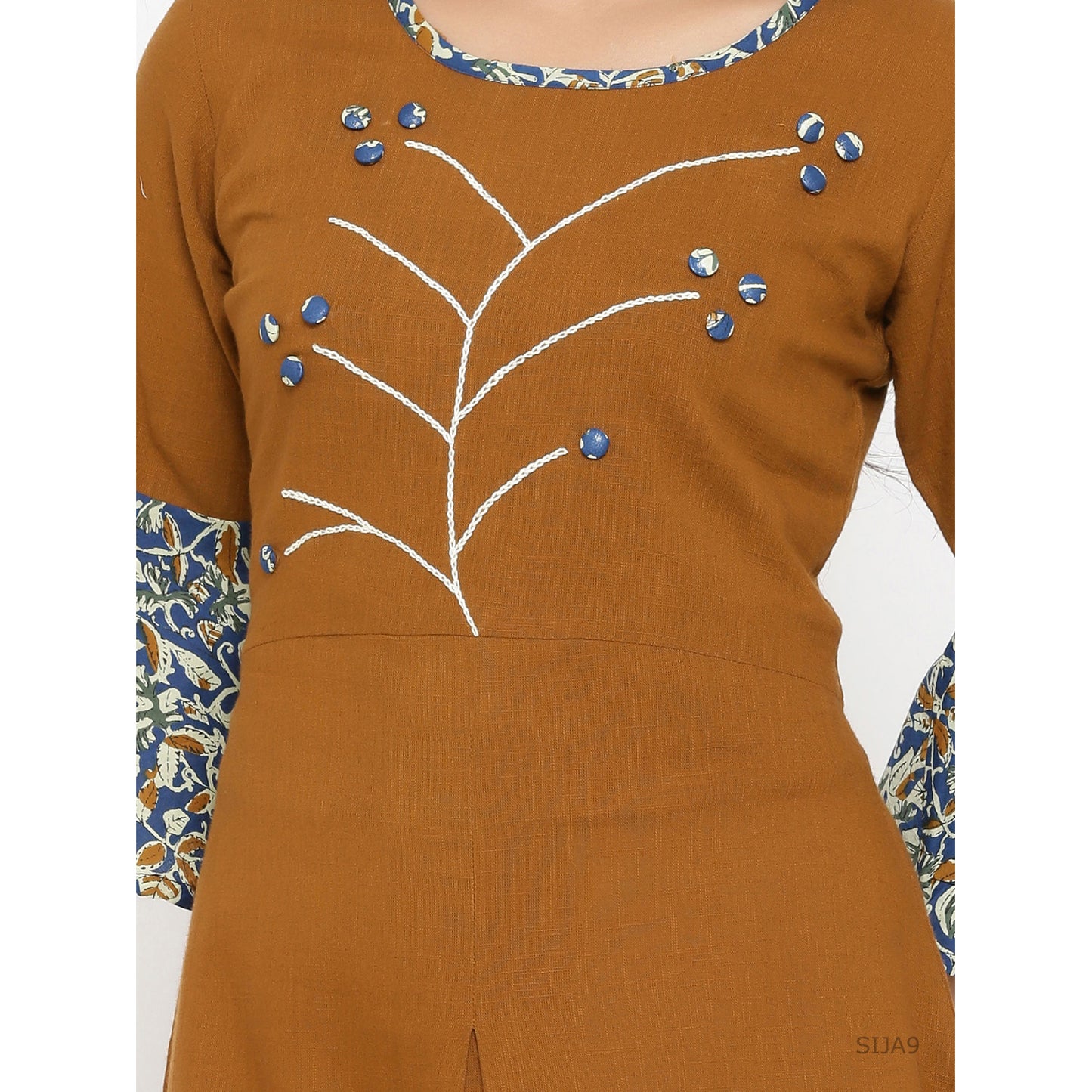 women cotton blend embroidery kurta brown