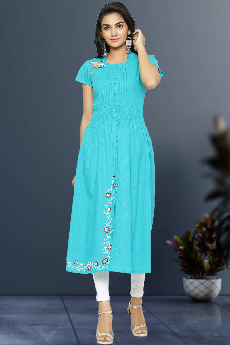 women cotton slub embroidery kurta teal