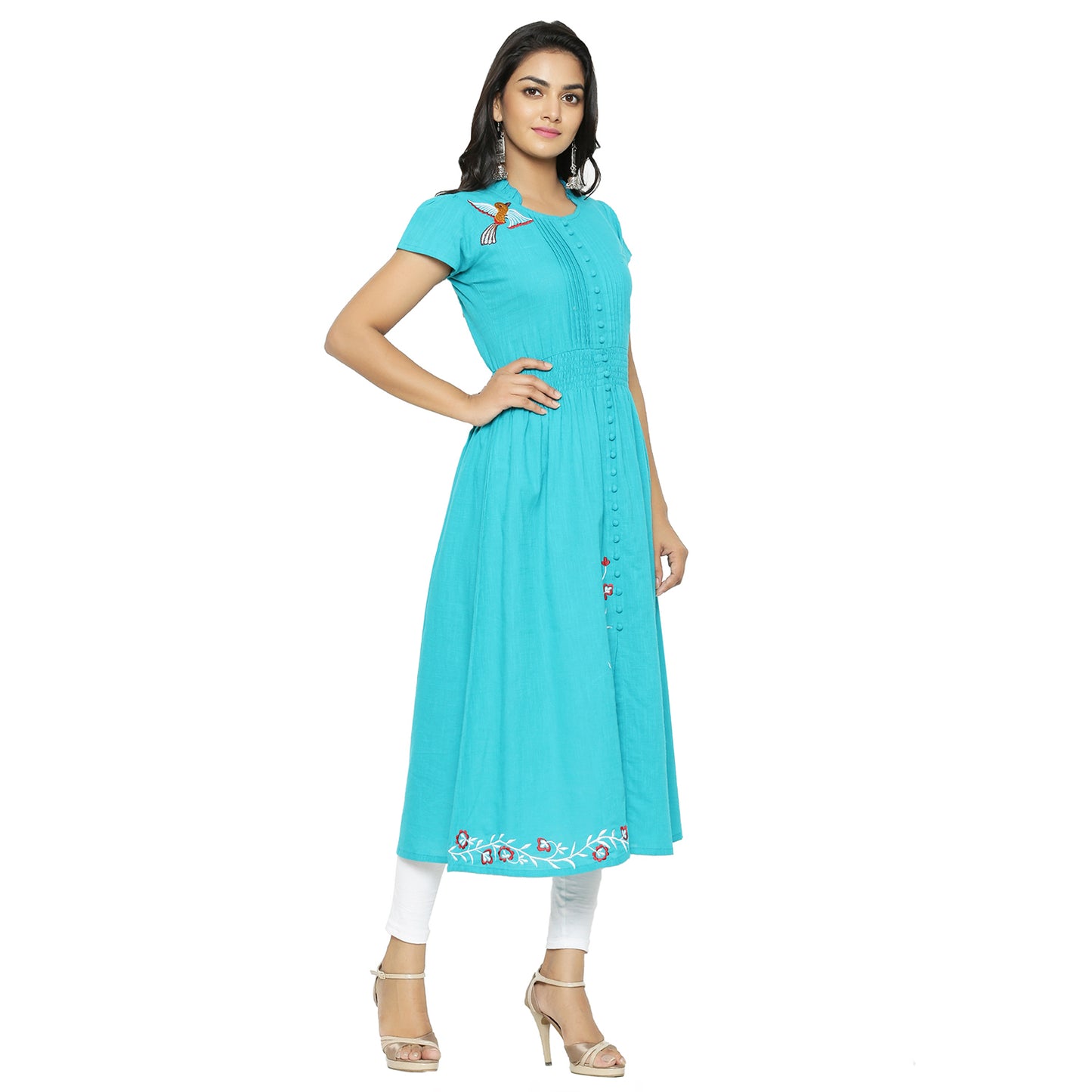 women cotton slub embroidery kurta teal