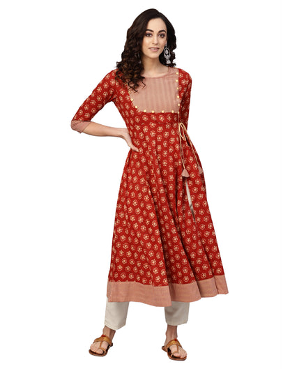 women cotton slub floral printed angrakha kurta rust