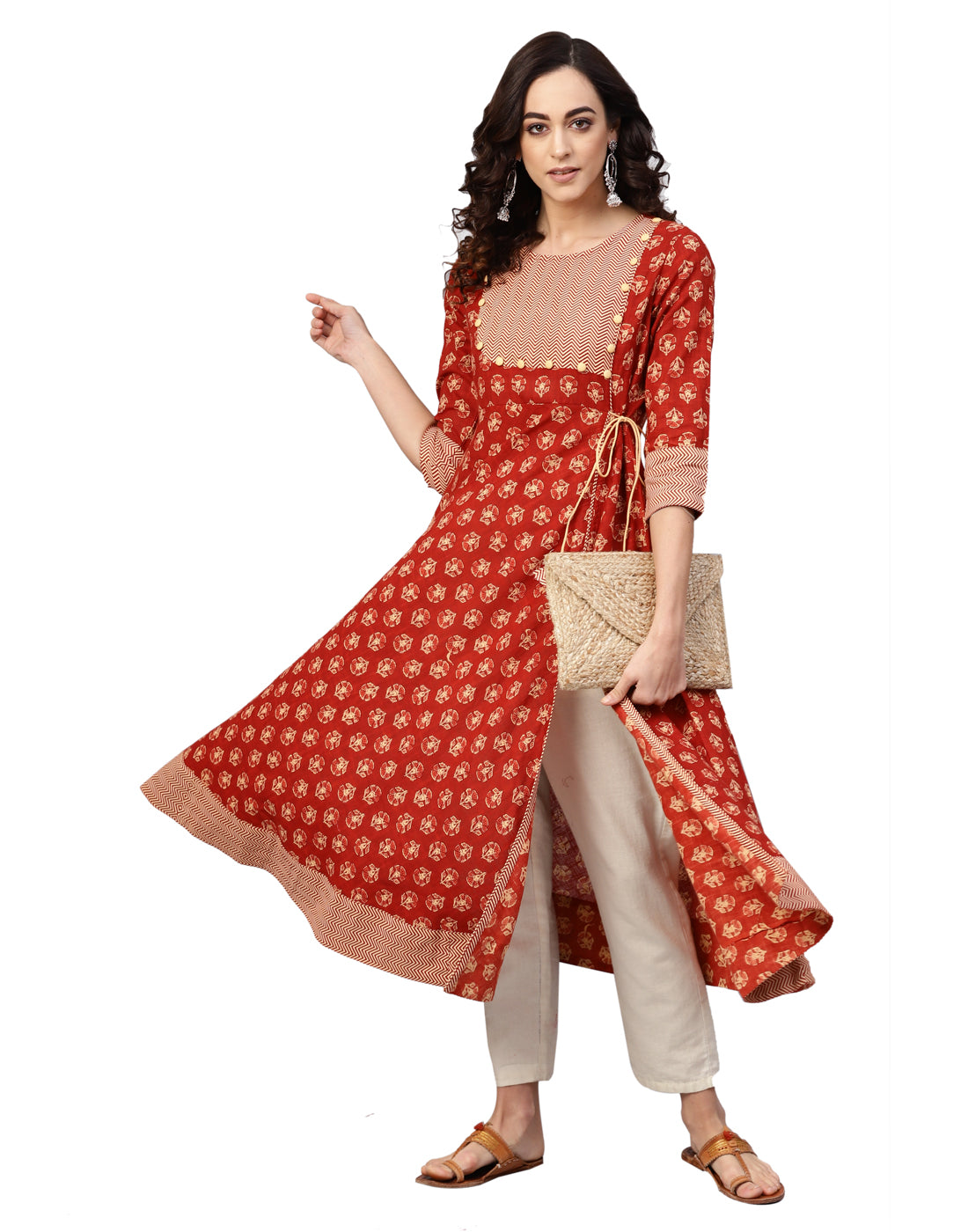 women cotton slub floral printed angrakha kurta rust