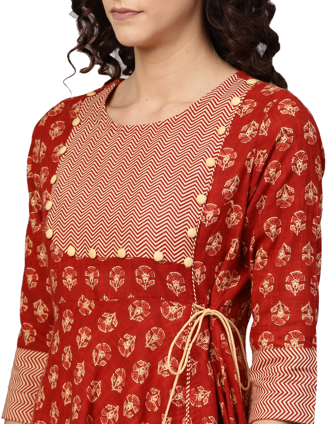 women cotton slub floral printed angrakha kurta rust