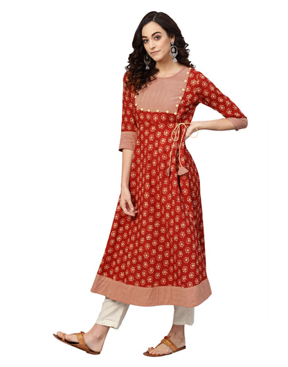 women cotton slub floral printed angrakha kurta rust