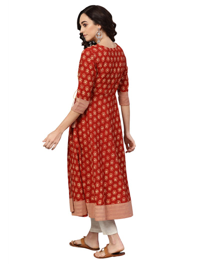 women cotton slub floral printed angrakha kurta rust