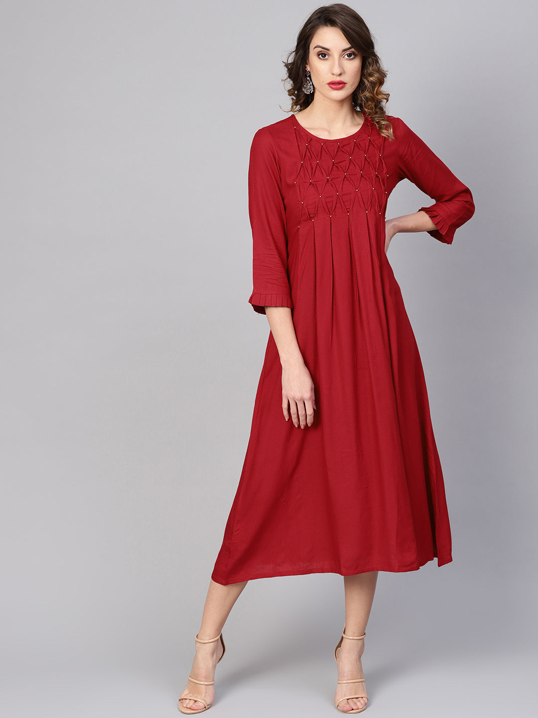 women dotted rayon dobby solid a line dress maroon